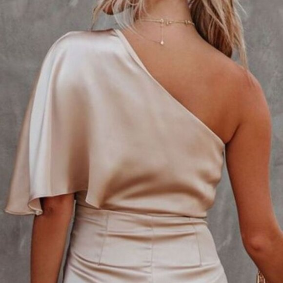 One-Shoulder Satin Wrap Dress with Side Slit | Sheath Formal Midi Dress - Picture 8 of 9